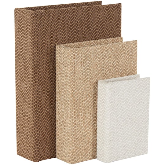 Brown & Cream Linen Fabric Chevron Patterned Decorative Book Storage Box, 3ct.